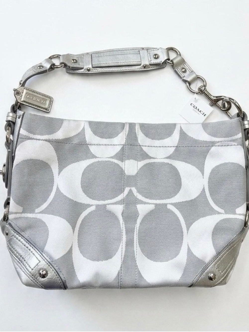 Coach Silver and White Signature Shoulder Bag